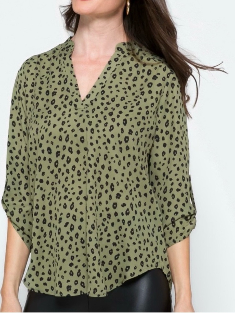 Lush Womens Olive Green Leopard Print V-Neck Blouse 2XL